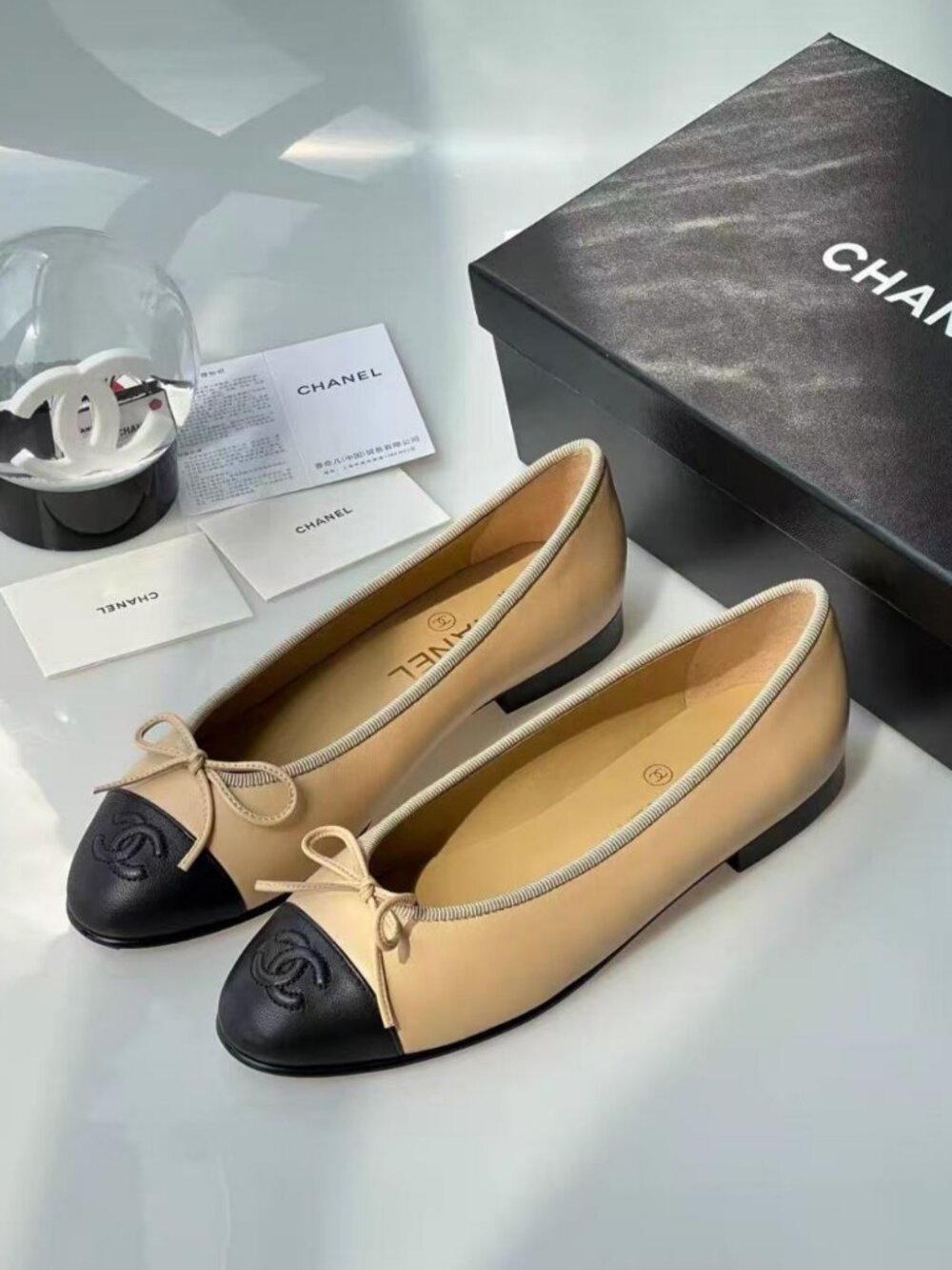 CHANEL Two‑Tone Bow Decor Ballet Flats Complete Box Set